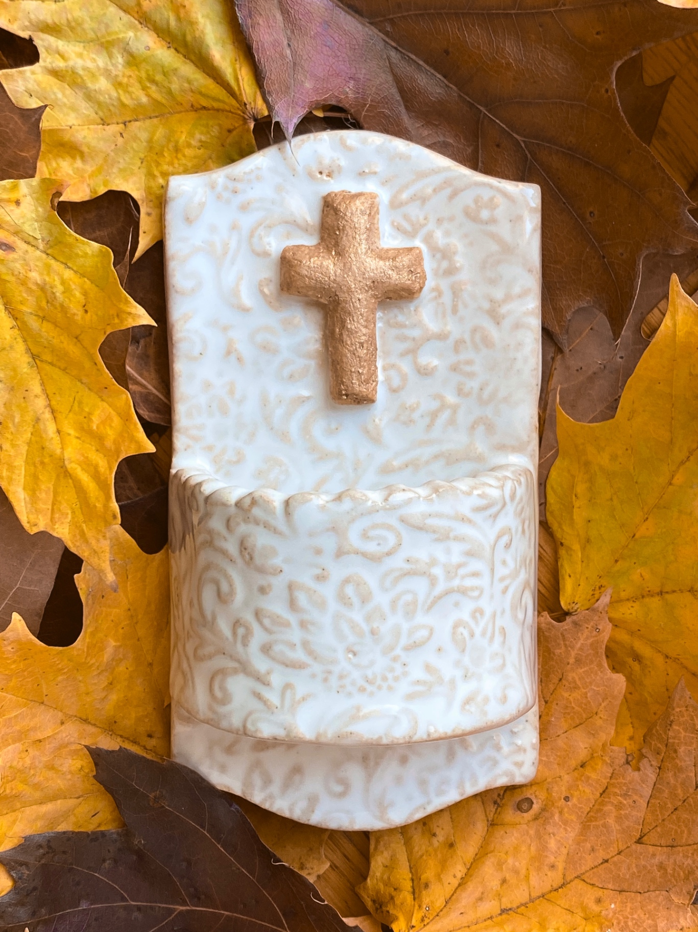 Ivory Damask Cross Stoup